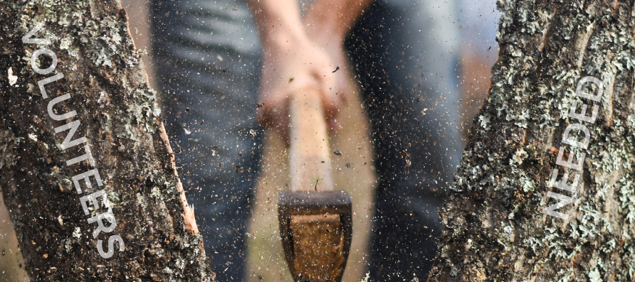 Photo of someone chopping wood with an ax and the words "Volunteers Needed" are superimposed on the logs.