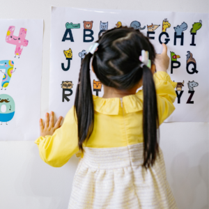 child pointing at alphabet poster